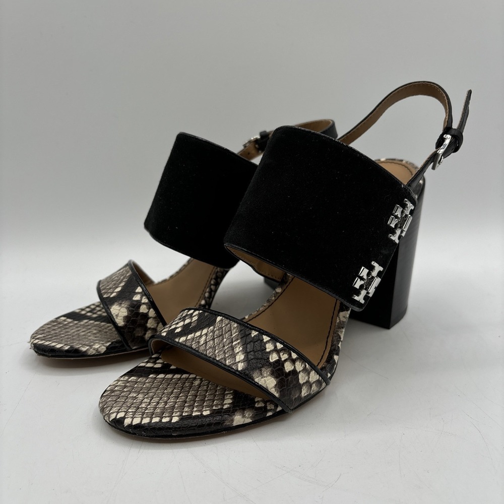 Tory Burch Kira Heeled Sandals Women's 7 Black Snake Print Suede‎ Leather